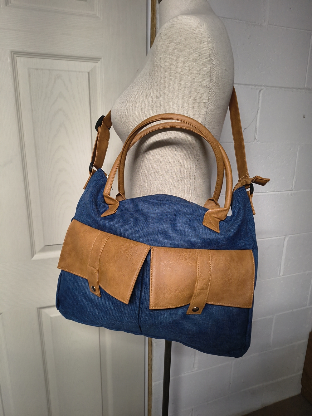 NWOT Classic Blue Denim and Tan Faux-Leather Tote Bag Crossbody